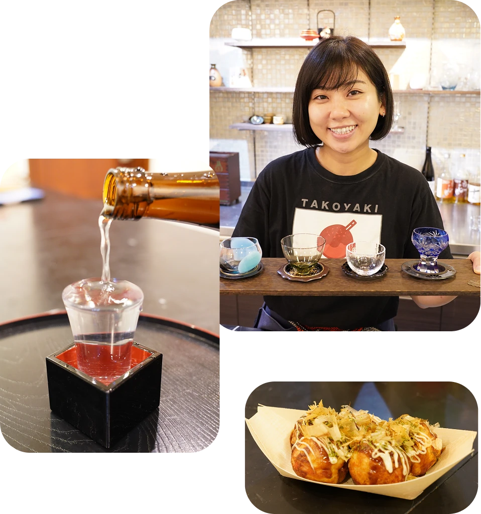 MOMO to SAKE host, sake and takoyaki